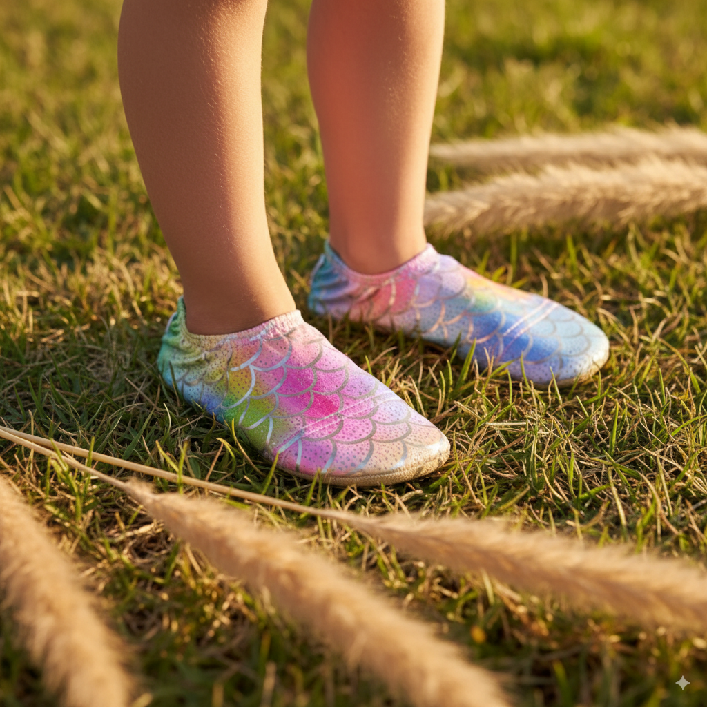 Colorful Finny Shoes water shoes on feet standing on grass